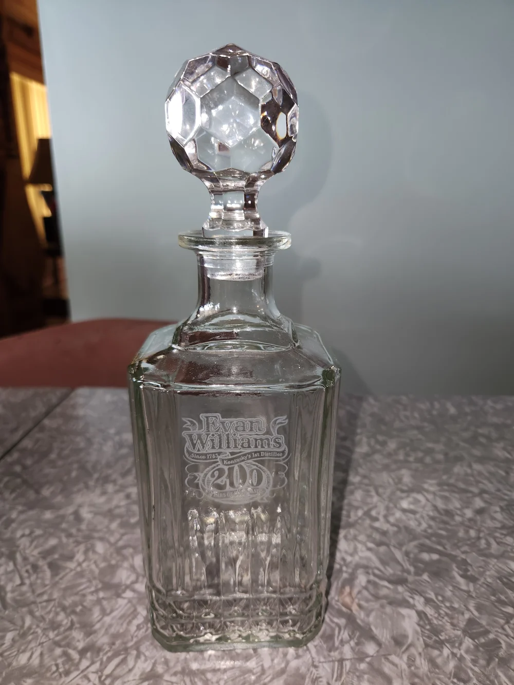 William Evams Clear Glass 200  Years Anniversary  Decanter with Faceted Stopper